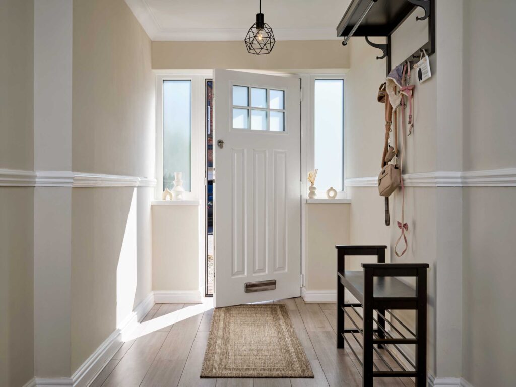 A hallway featuring a white front endurance door.