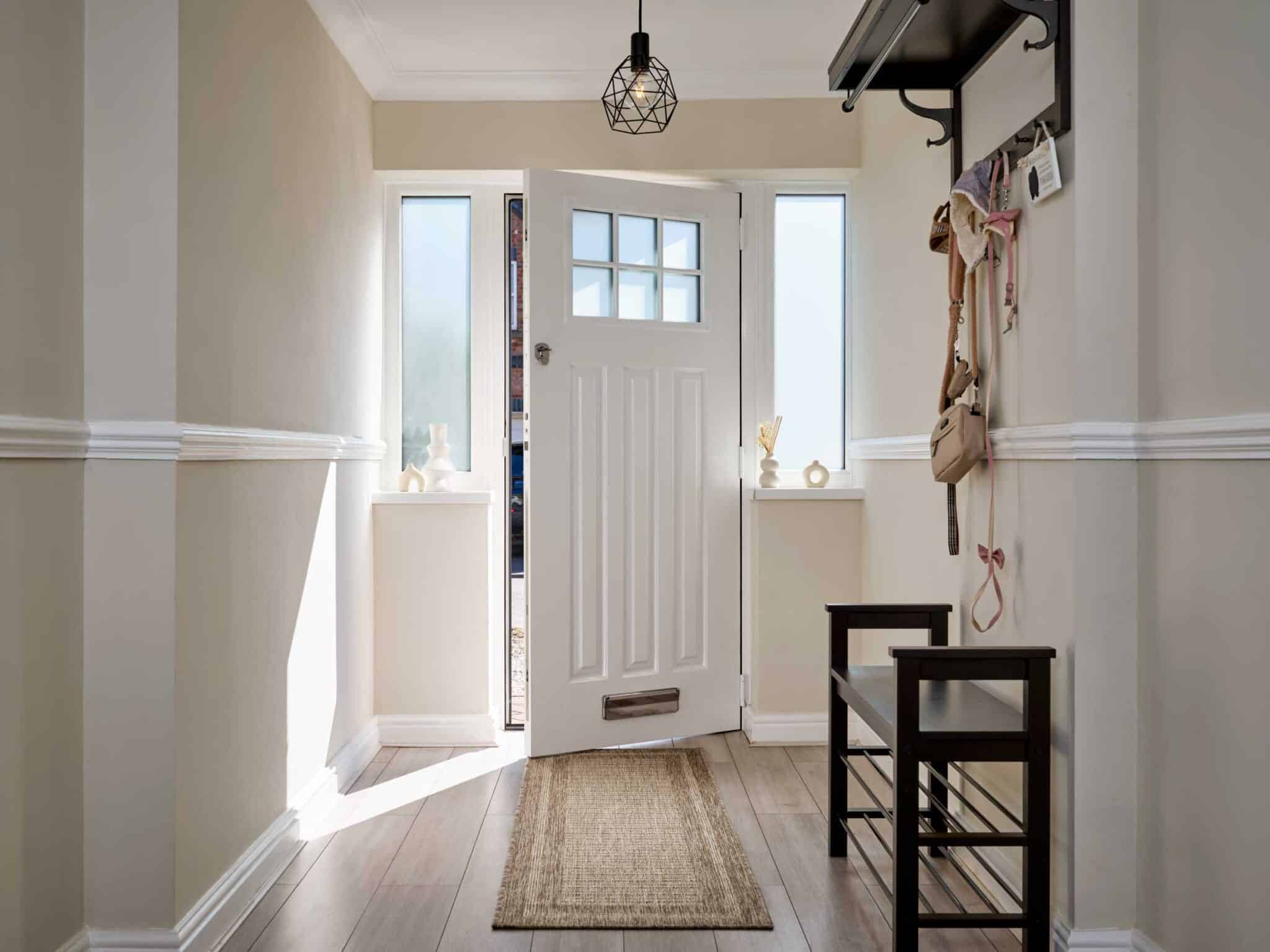 A hallway featuring a white front endurance door.